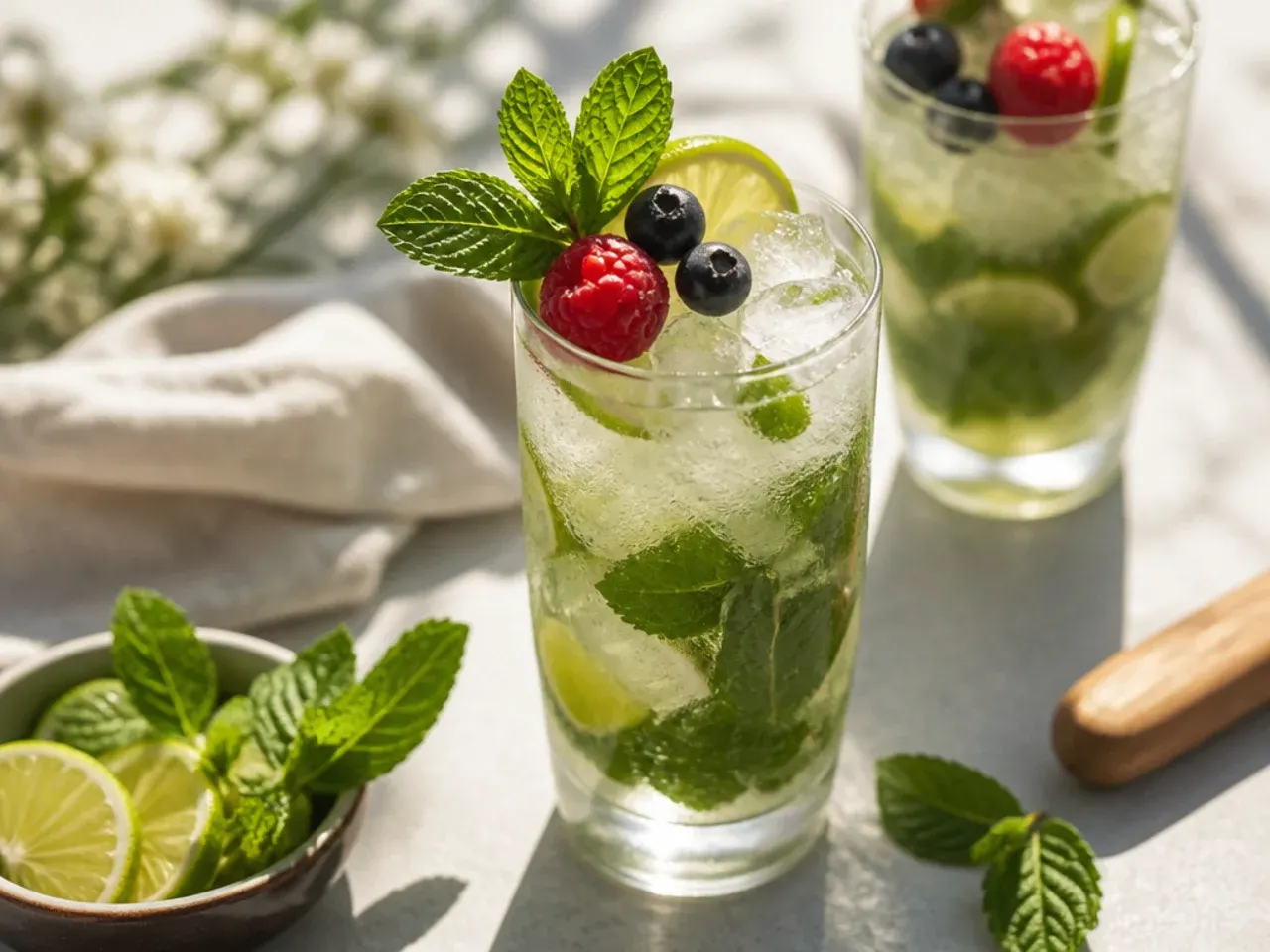 Classic virgin mojito in a highball glass with crushed ice, mint and lime