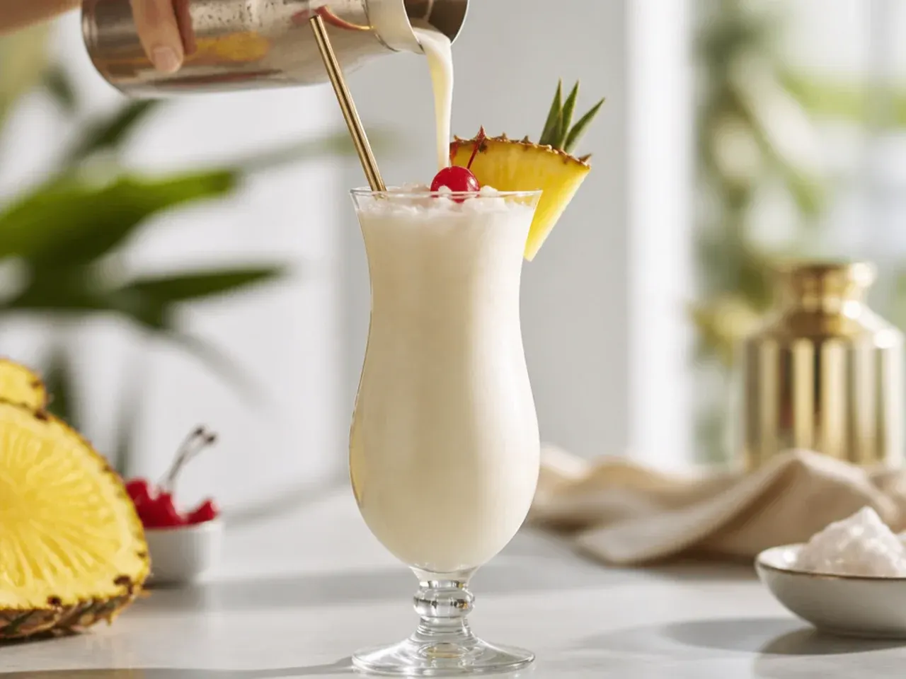 Creamy piña colada mocktail in a hurricane glass with pineapple wedge garnish