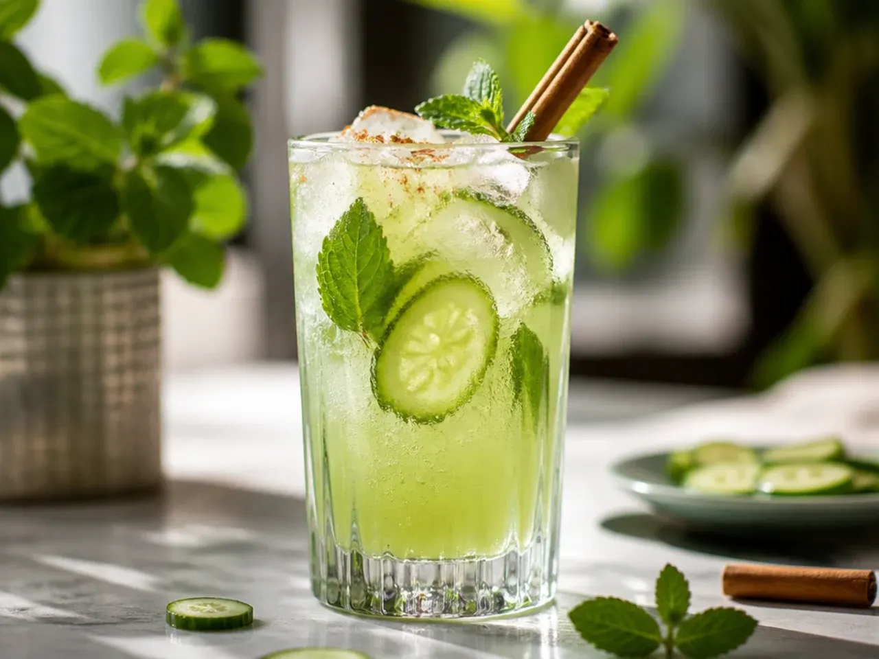 Refreshing cucumber mint cooler garnished with cucumber ribbons in a wine glass