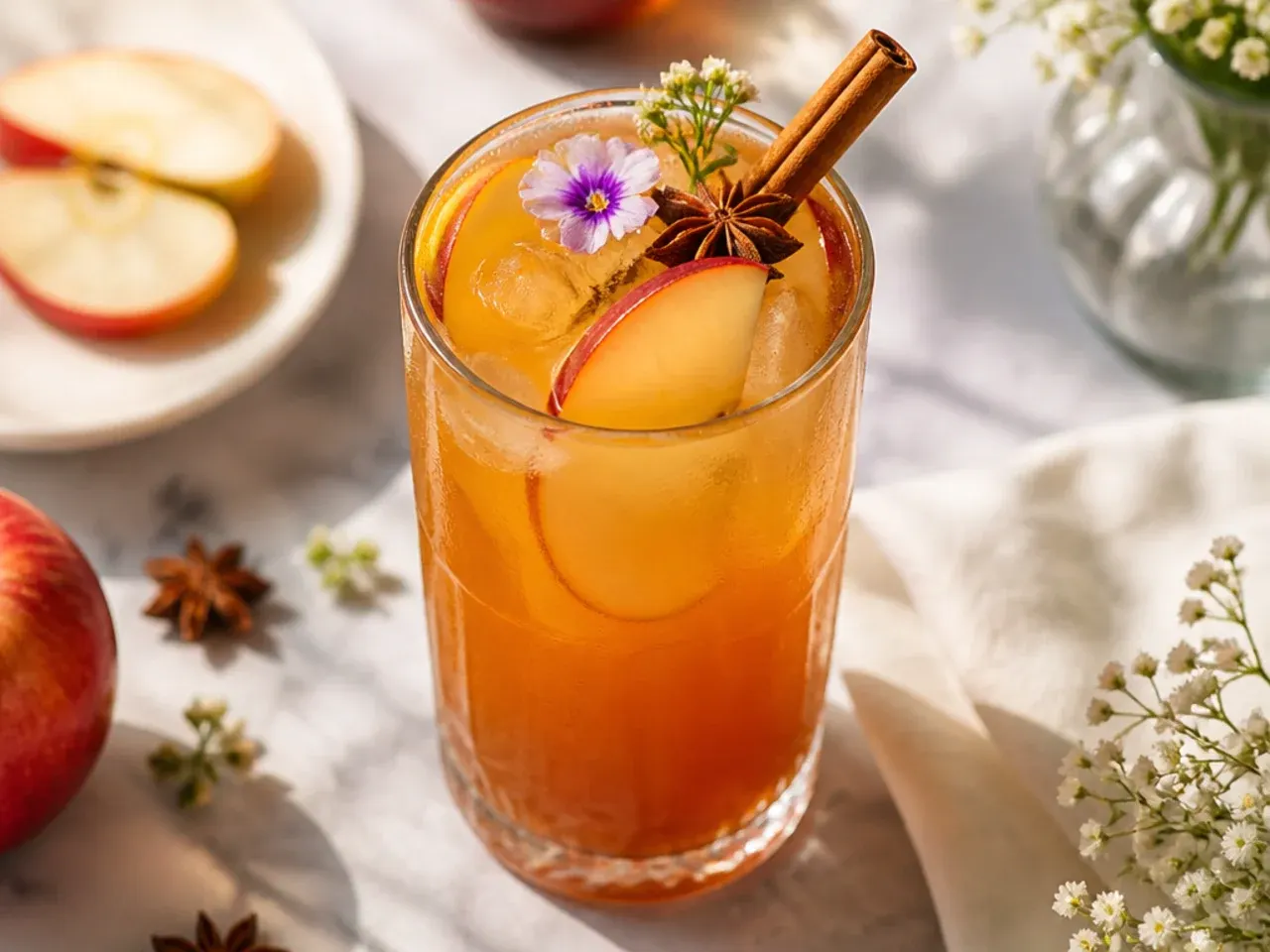 Cozy spiced apple cider warmer in a mug with cinnamon stick and apple slice