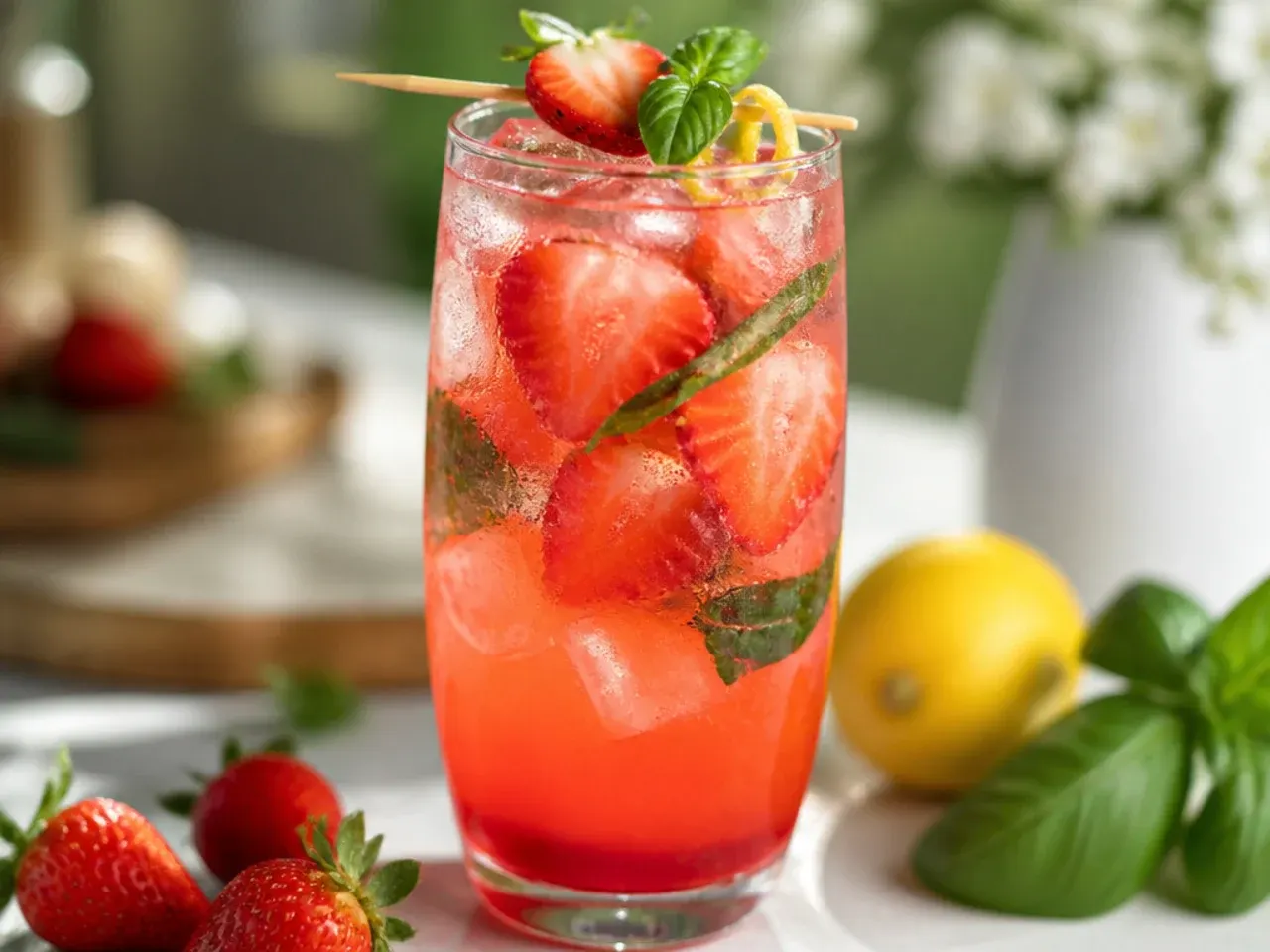 Sweet strawberry basil lemonade fizz with fresh basil leaves floating on top