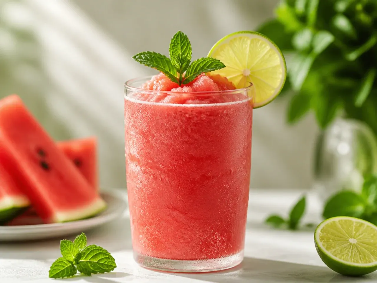 Frozen watermelon mint slushie in a glass with a mint sprig garnish