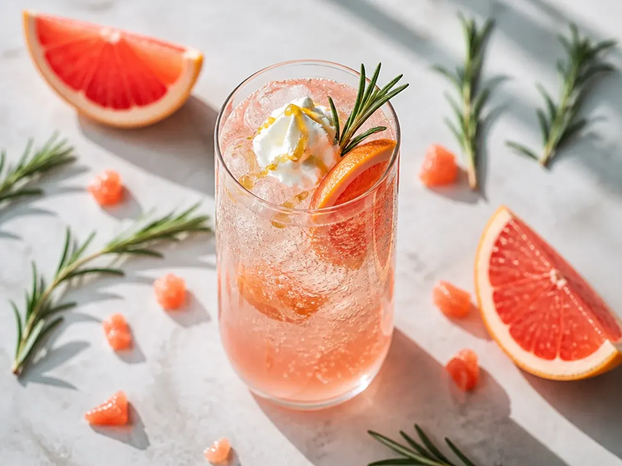 Easy sparkling grapefruit rosemary soda in a rocks glass with a grapefruit twist