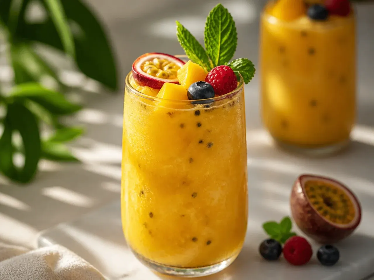 Blended mango passionfruit mocktail topped with fresh passionfruit pulp and seeds