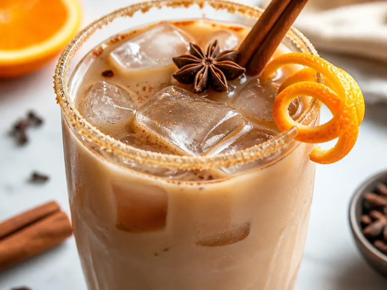 Spiced chai latte mocktail in a glass mug with cinnamon dusted foam