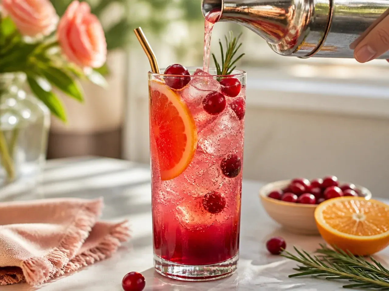 Festive cranberry orange sparkler in a champagne flute with frozen cranberry ice cubes