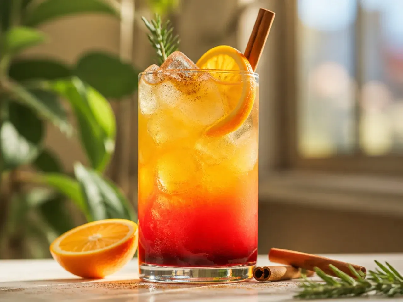 Layered sunset citrus mocktail showing a gradient from orange to red in a tall glass