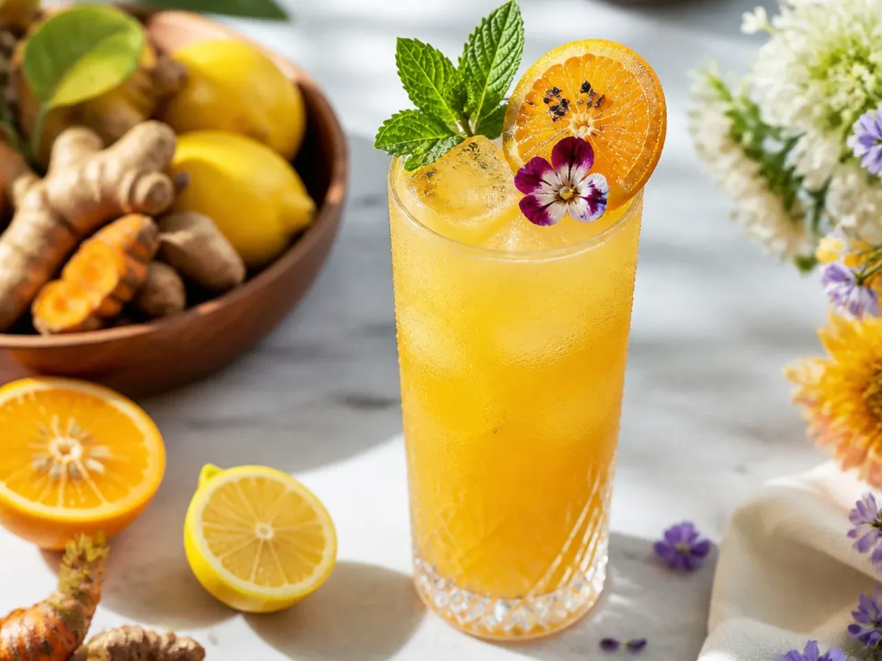 Bold ginger turmeric fizz in a rocks glass with an orange peel twist
