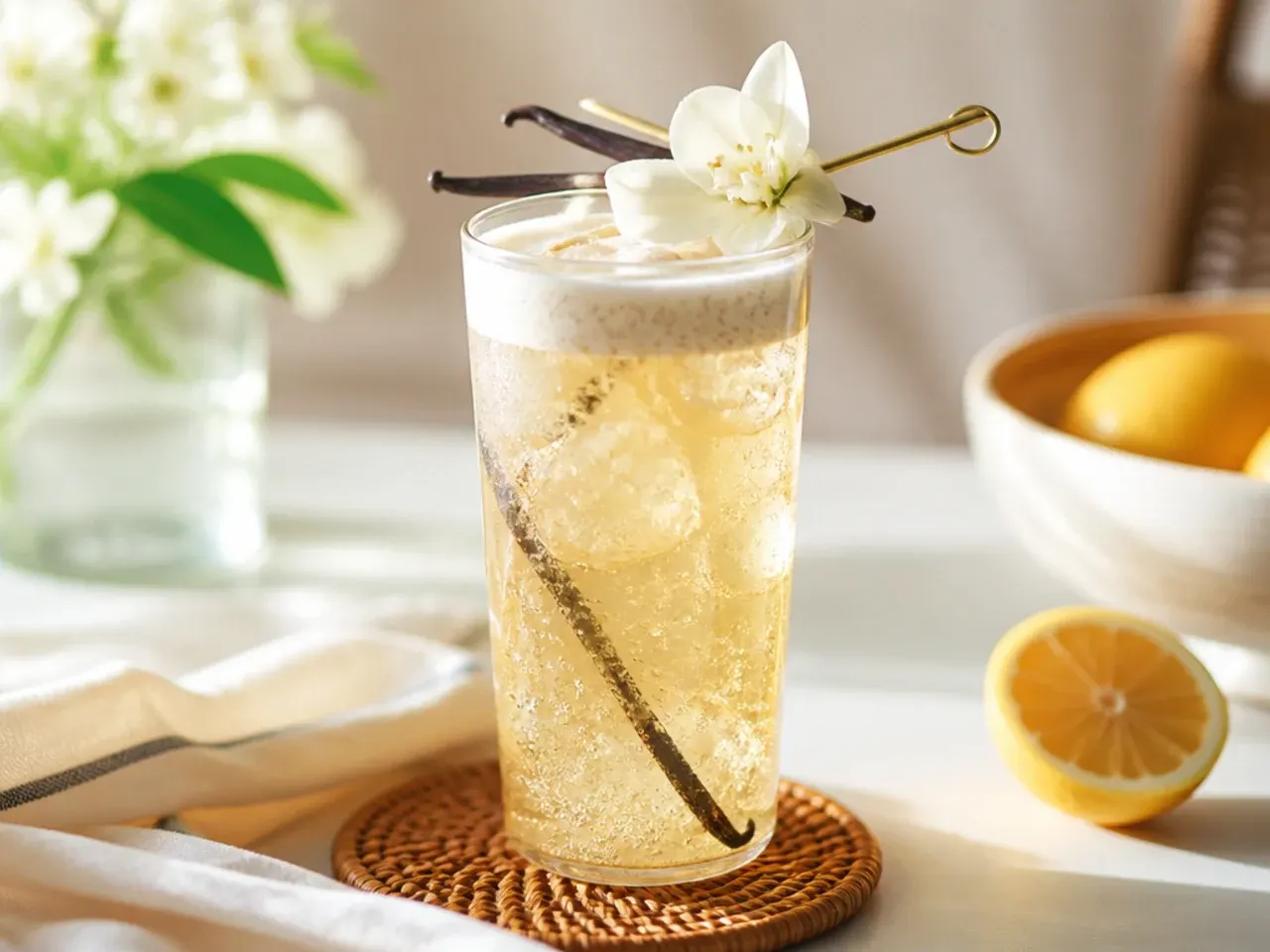 Smooth vanilla bean cream soda with visible vanilla flecks and foam in a soda glass