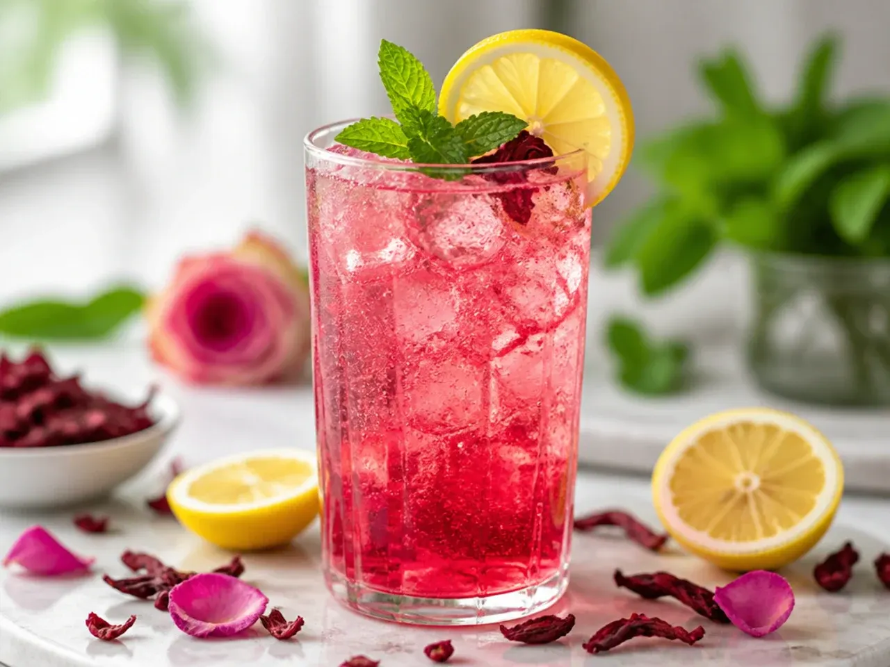 Iced hibiscus rose lemonade in a glass with dried rose petals and a lemon wheel