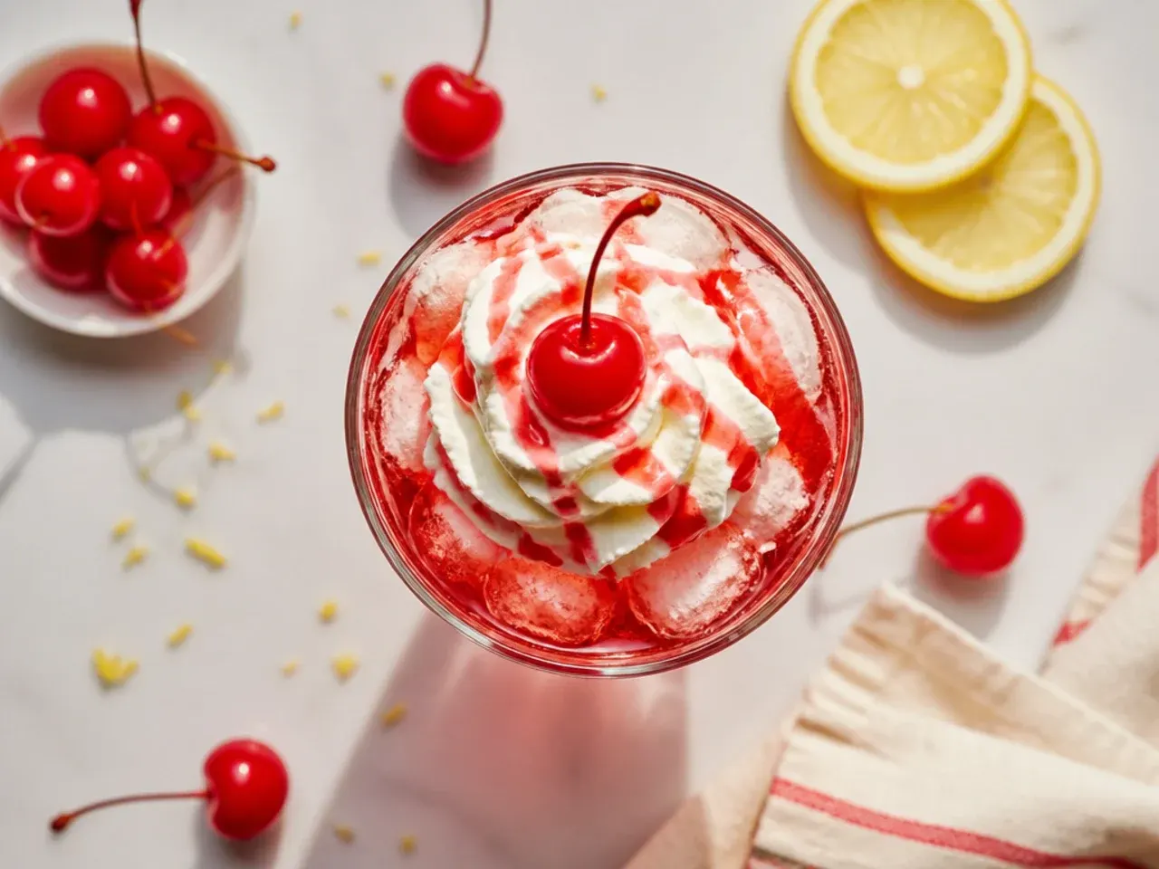 Classic Shirley Temple mocktail with maraschino cherries on a cocktail pick