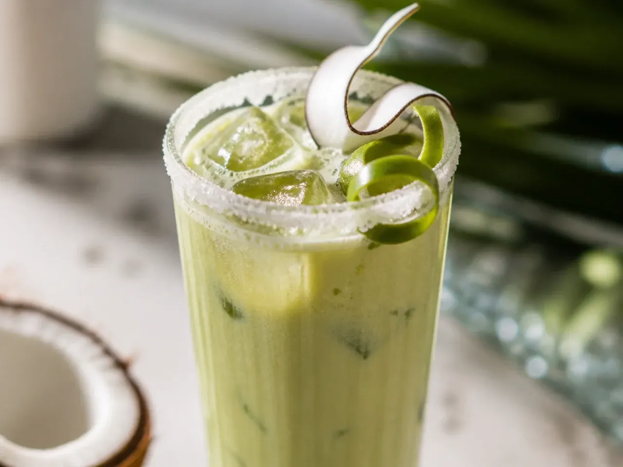 Creamy matcha coconut mocktail in a glass with a vivid jade green colour