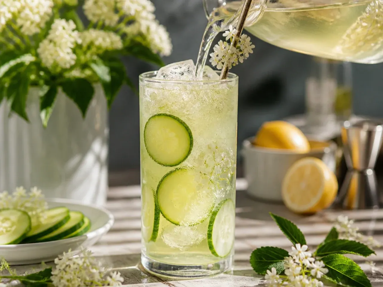 Refreshing elderflower cucumber spritz in a wine glass with cucumber ribbons and mint