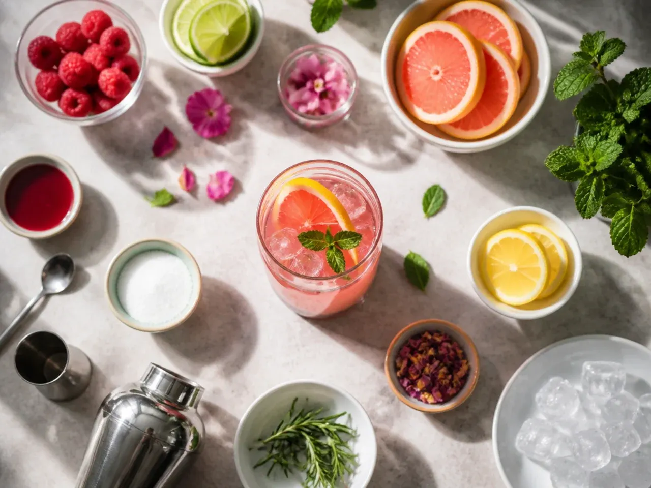 Bartender tools and ice cube trays laid out for preparing fancy non alcoholic drinks