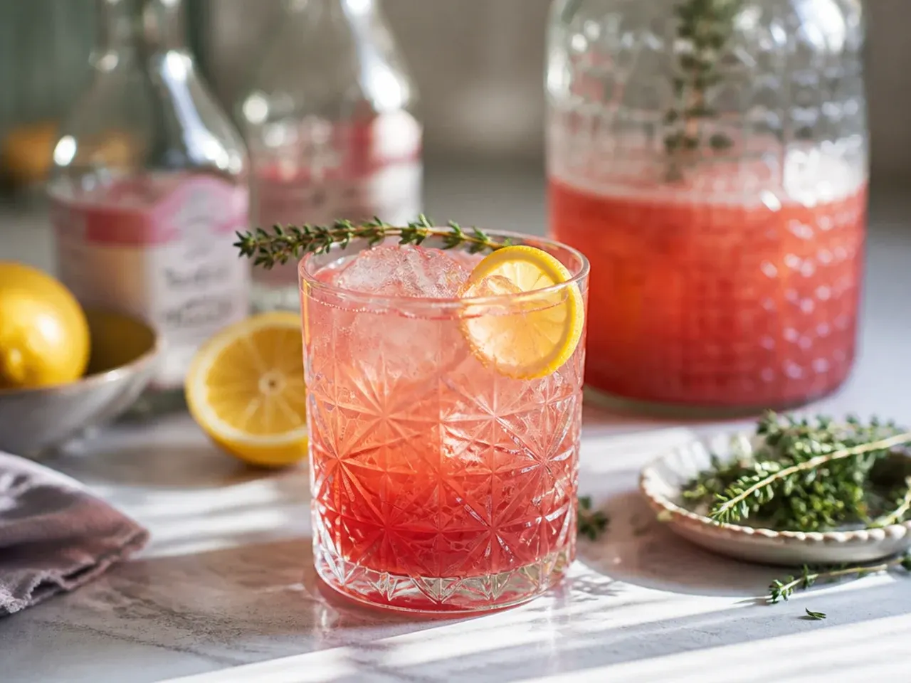Large glass pitchers of pre-batched mocktail bases lined up on a party table