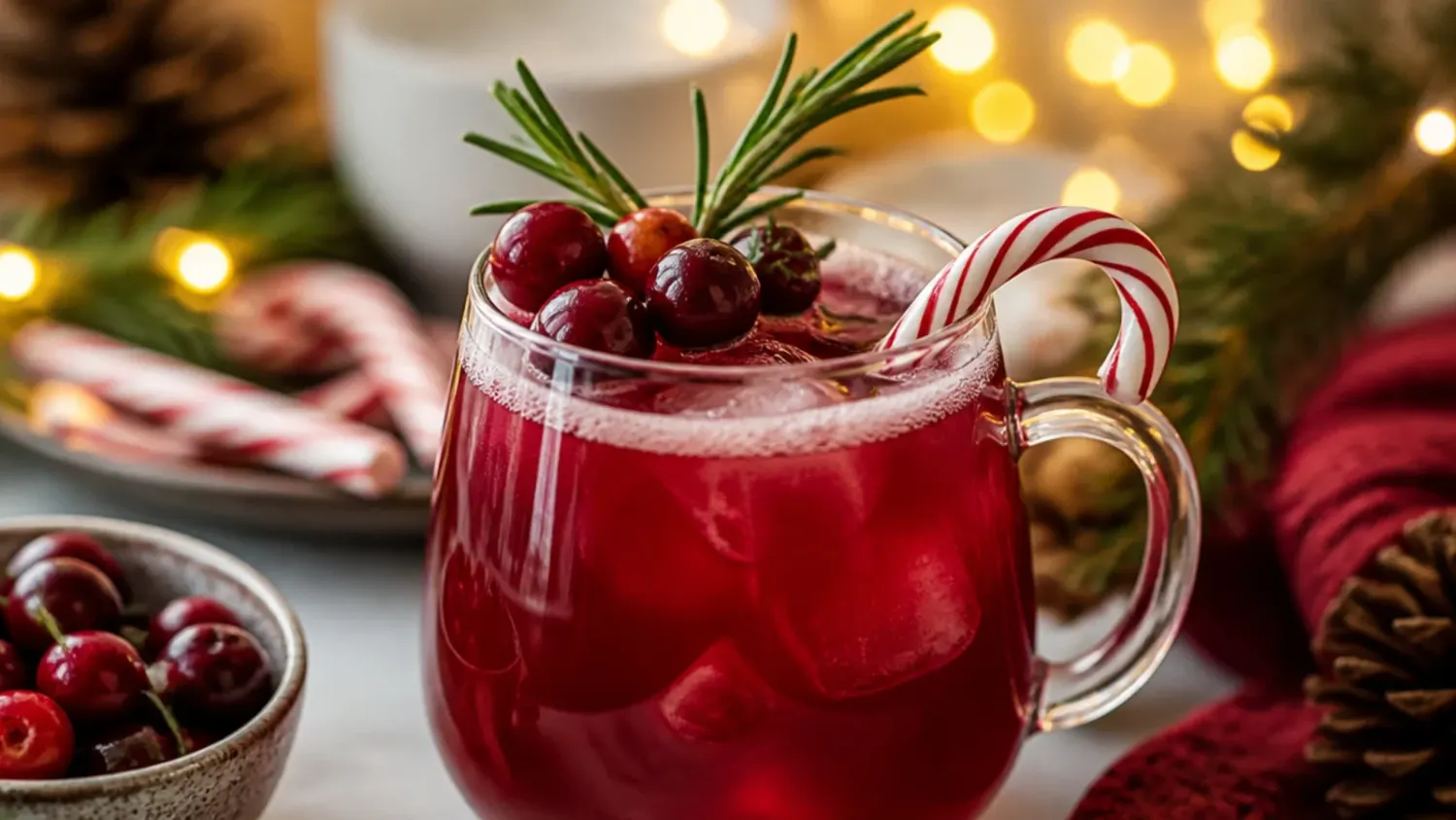 A wooden table set with an assortment of festive Christmas drinks, including mulled wine, eggnog, and hot chocolate, garnished with cinnamon sticks and cranberries