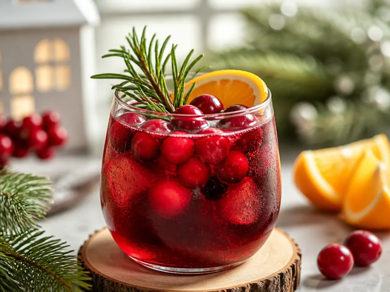Overhead shot of several festive Christmas drinks in mugs and glasses arranged on a red tablecloth with holly sprigs