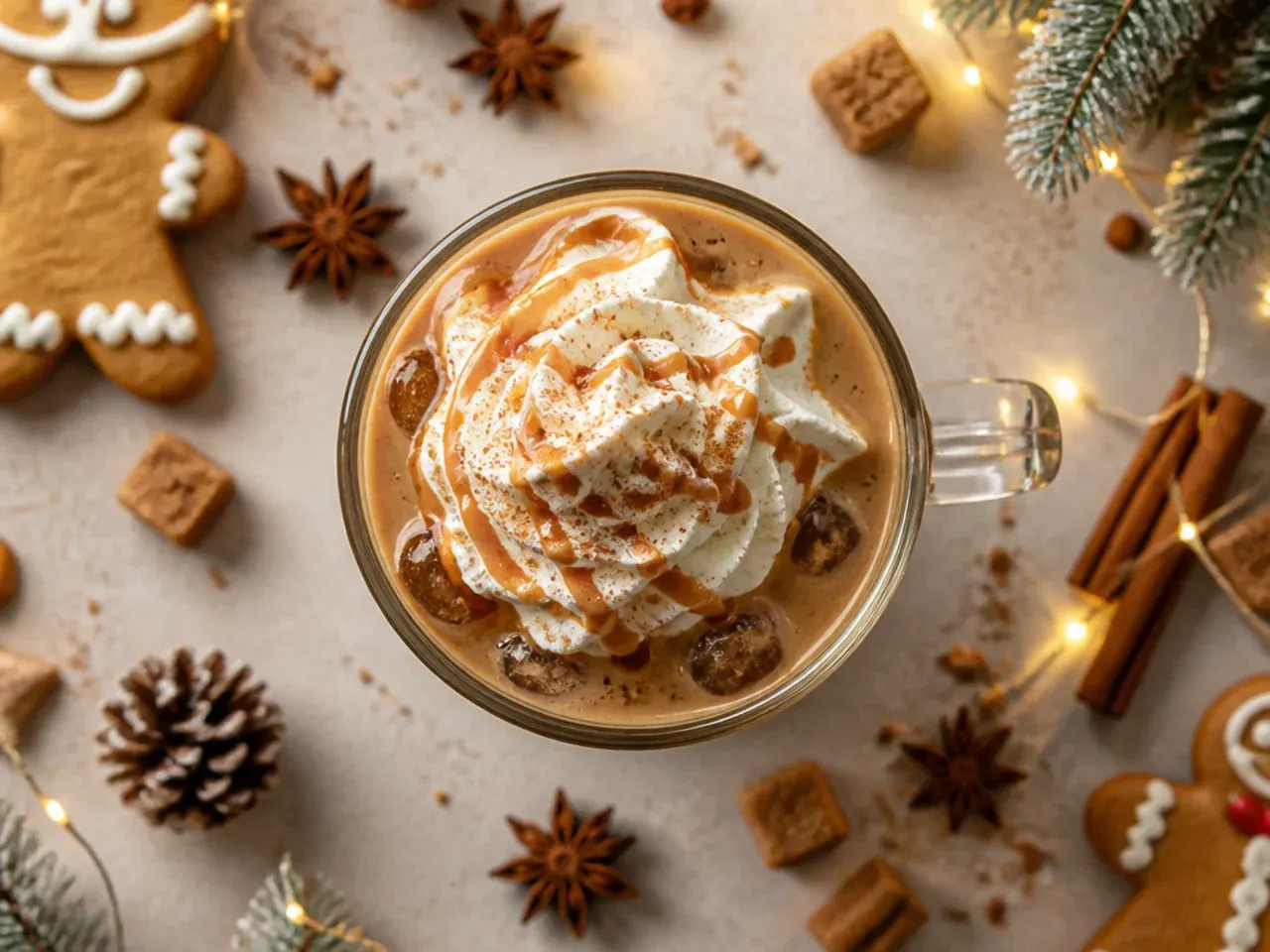 Iced gingerbread latte in a tall glass with cinnamon dusted on top, surrounded by gingerbread cookies
