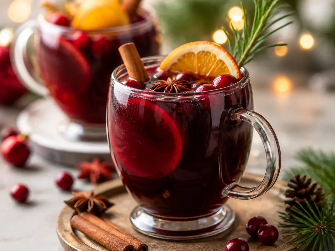 Glass mug of classic mulled wine garnished with an orange slice and cinnamon stick, steam rising