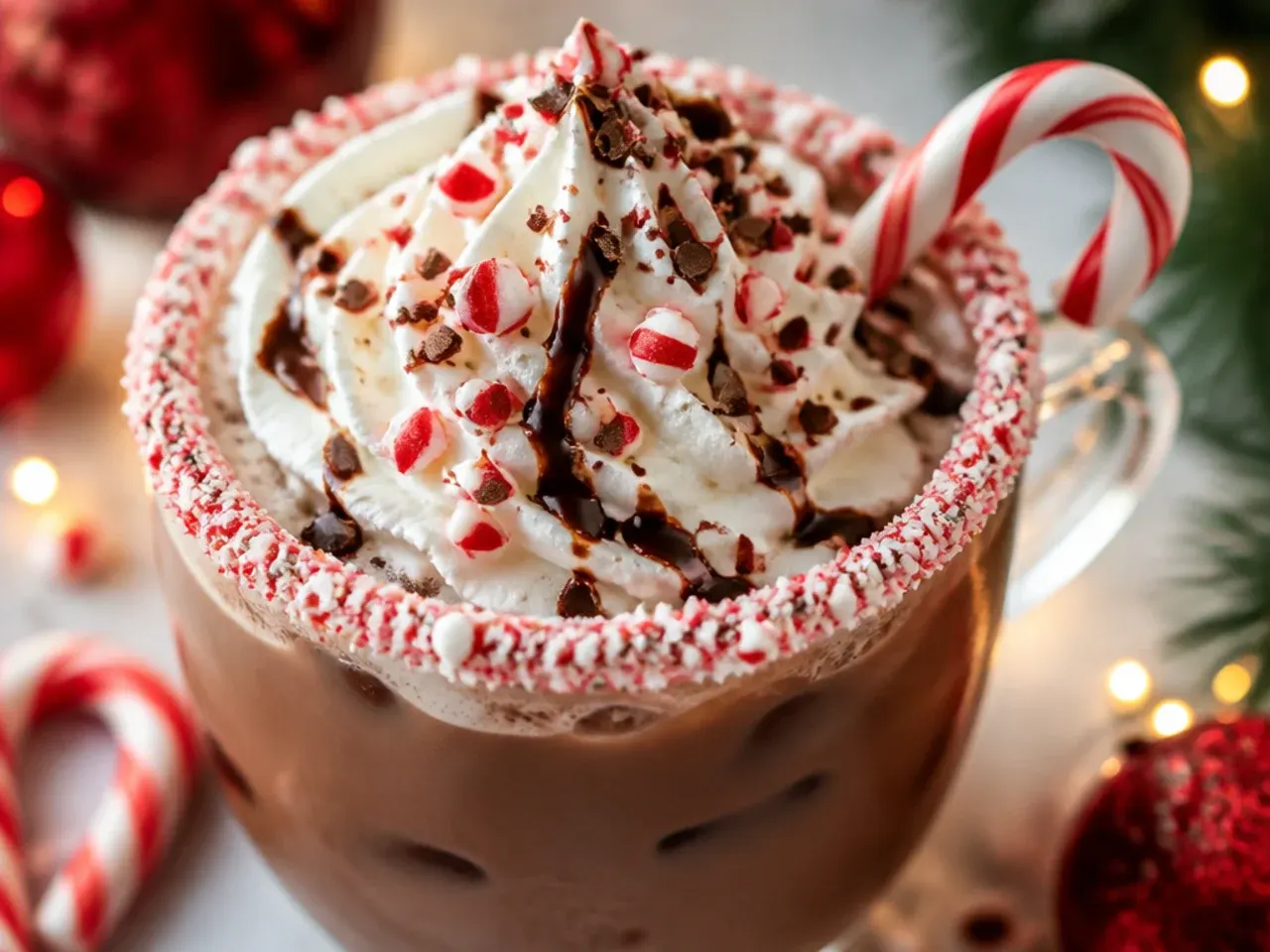 Peppermint mocha in a clear glass mug topped with whipped cream and crushed candy cane pieces