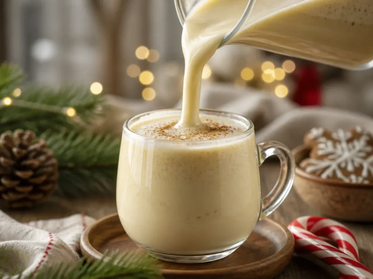 Glass of creamy homemade eggnog dusted with fresh grated nutmeg on a rustic wooden table