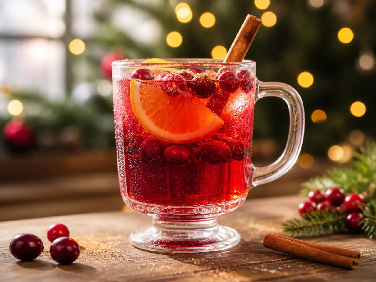 Sparkling cranberry ginger fizz in a highball glass with fresh cranberries and a lime wheel garnish