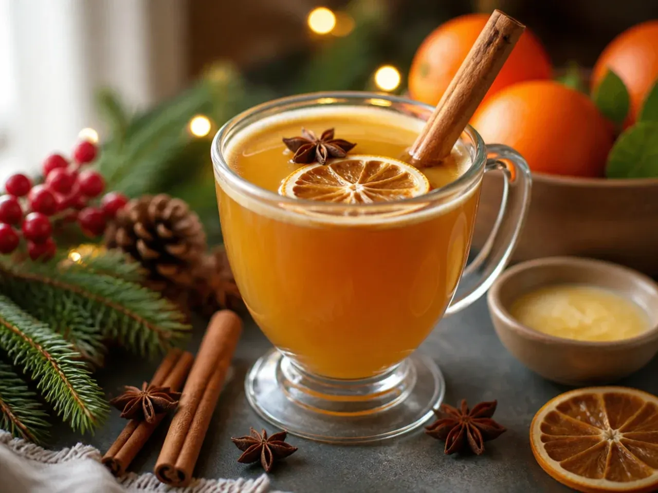 Mug of hot buttered rum with melted spiced butter swirling on top and a cinnamon stick stirrer