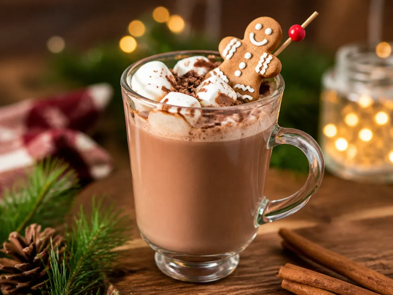 Mug of sweet gingerbread hot chocolate topped with whipped cream and crumbled gingerbread cookie