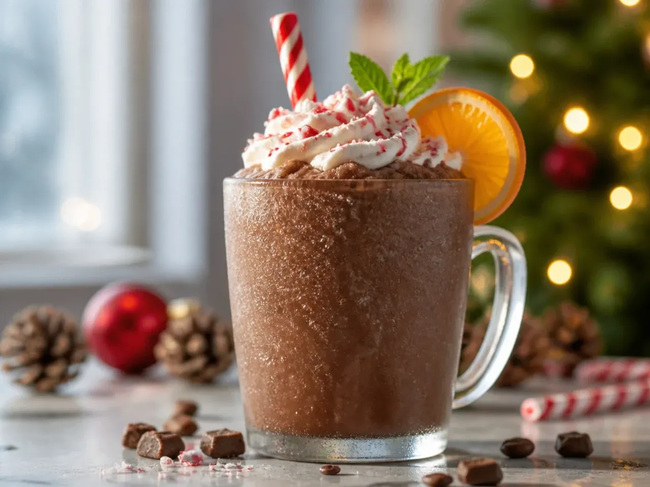 Frozen peppermint mocha slush in a tall glass topped with whipped cream and a candy cane garnish