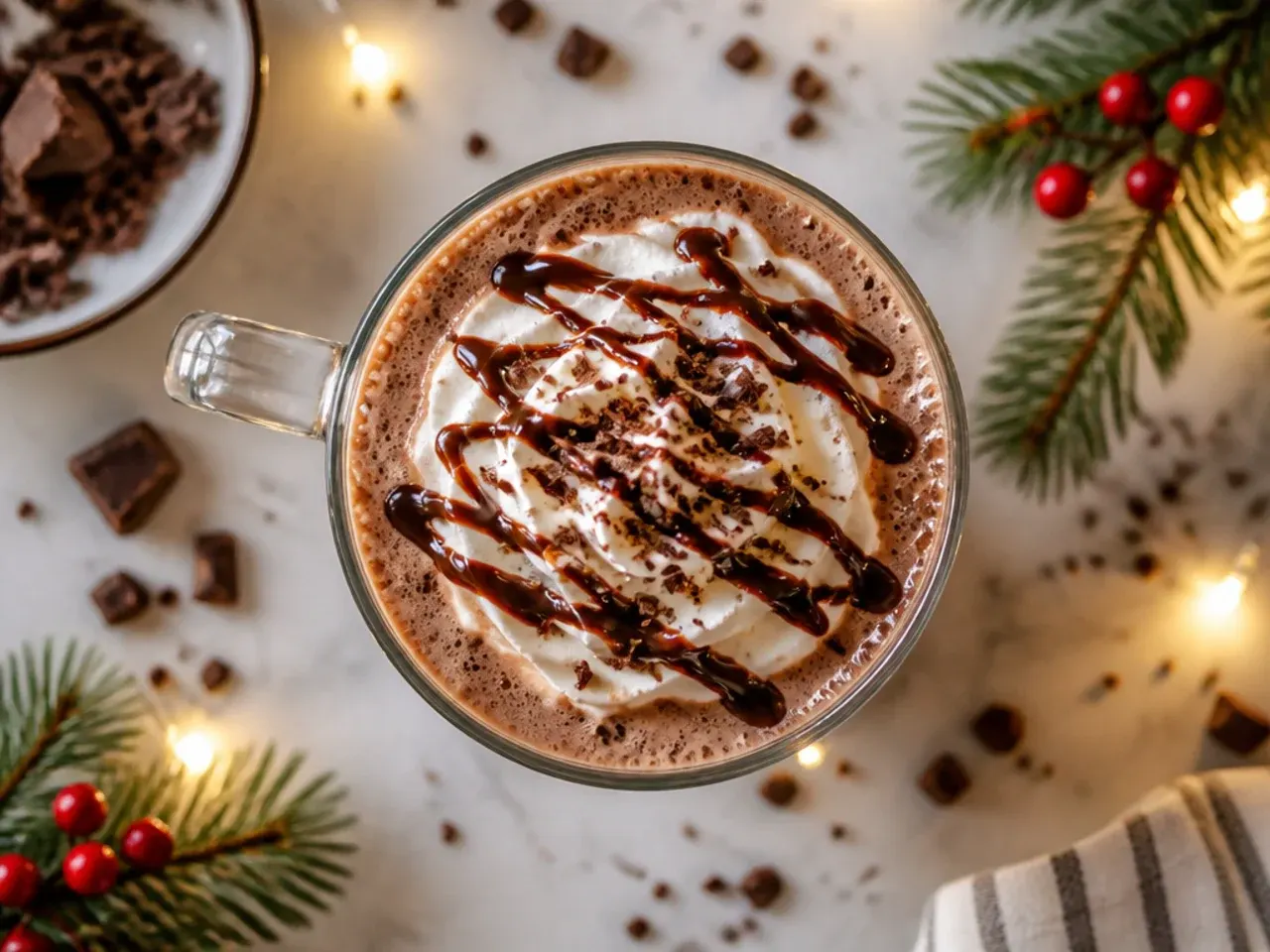 Simple mug of hot cocoa with mini marshmallows melting on top next to a Christmas tree