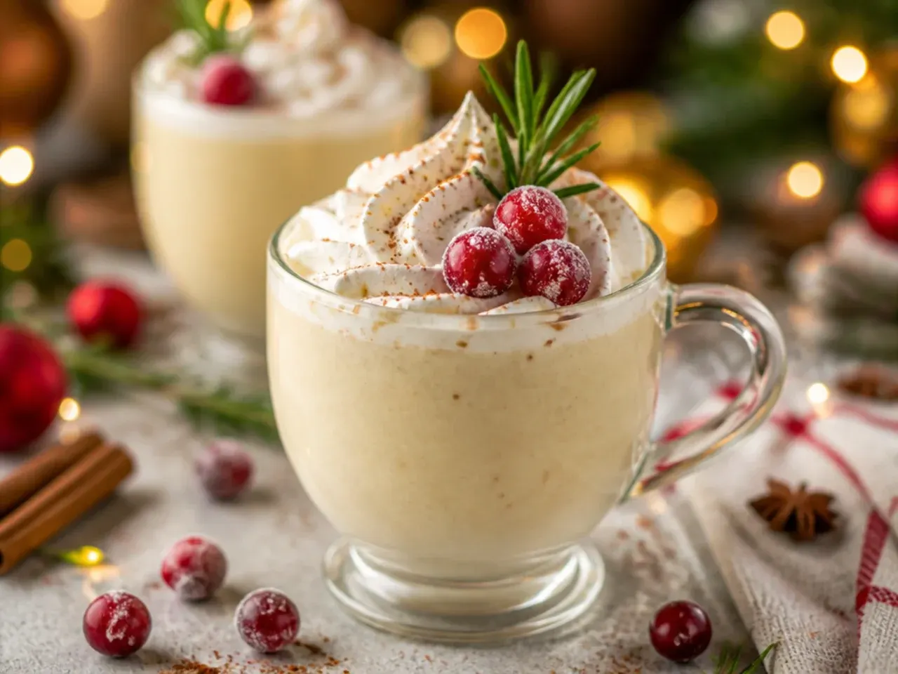 Blended eggnog milkshake in a glass with a graham cracker rim and nutmeg dusted on whipped cream