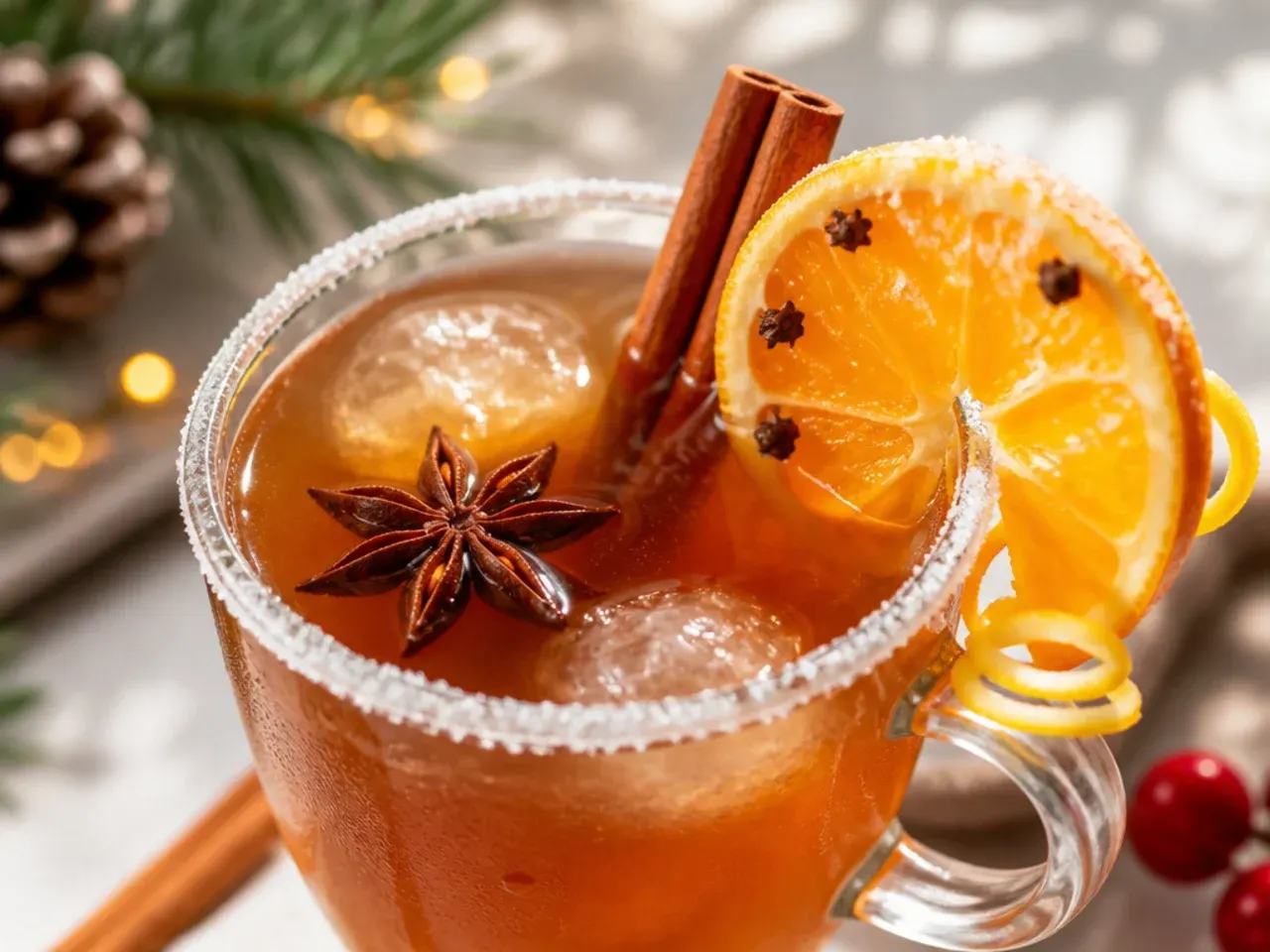Mug of spiced chai mulled cider with a cinnamon stick and star anise floating on top