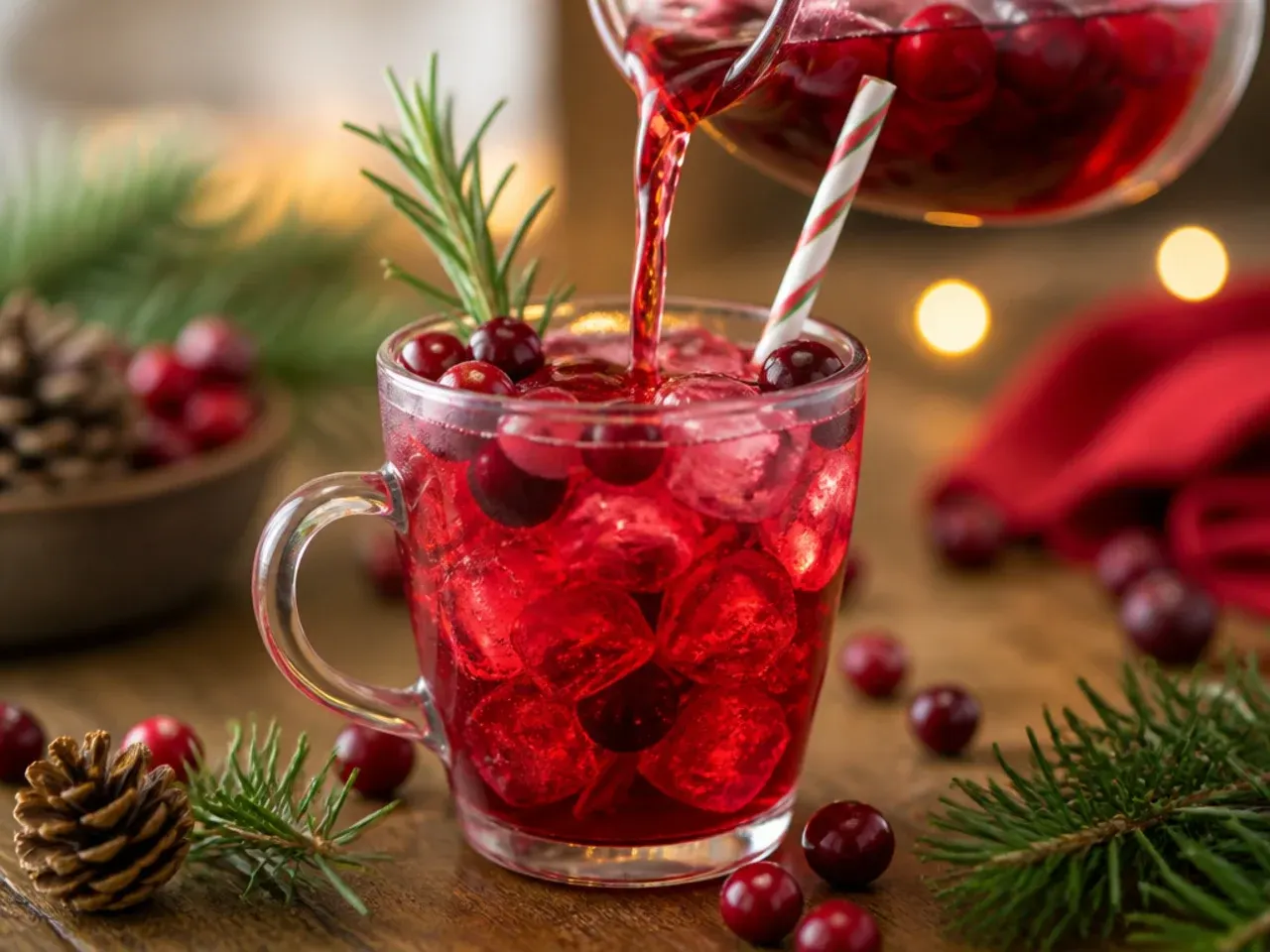 Large punch bowl of festive cranberry Christmas punch floating with orange slices and cranberries