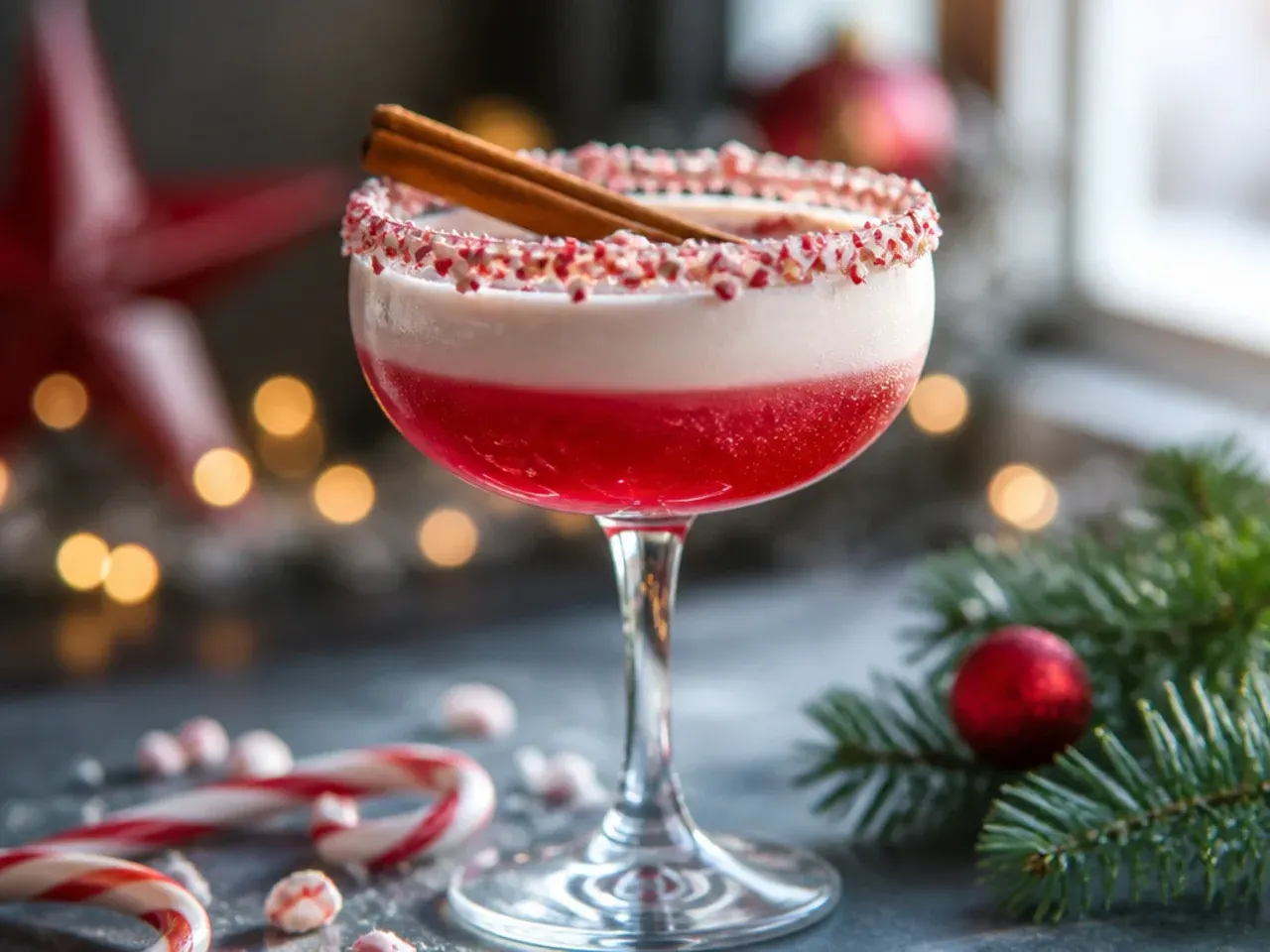 Candy cane martini in a chilled coupe glass with a crushed candy cane rim and mini candy cane garnish