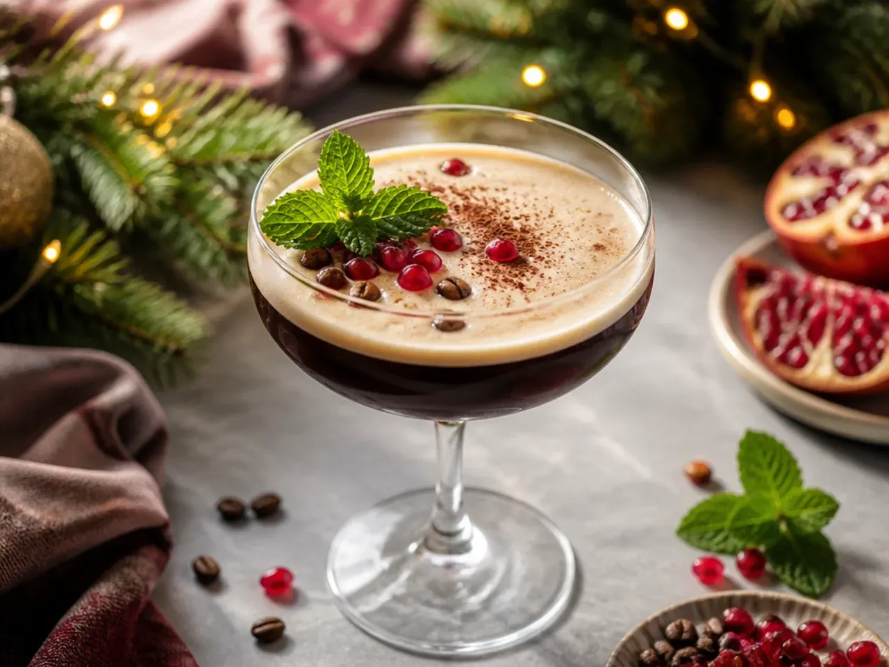 Espresso martini with peppermint in a coupe glass topped with crema foam and coffee beans
