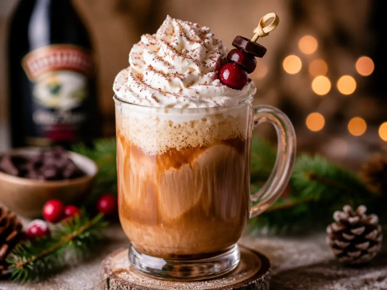 Irish cream coffee in a glass mug with a floated cream layer and grated chocolate on top