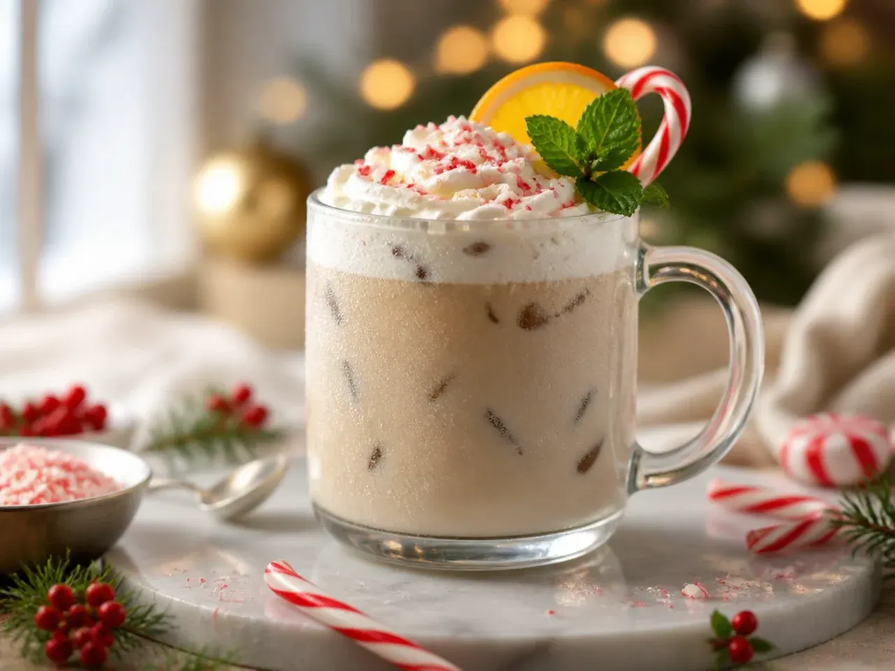 Iced white chocolate peppermint latte in a glass with white chocolate curls and crushed peppermint on top