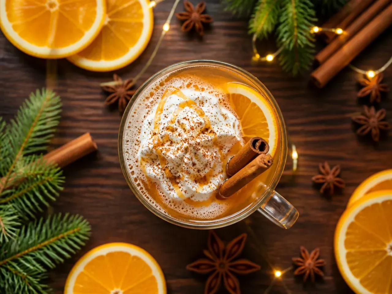 Pot of classic wassail punch simmering on the stove with cinnamon sticks and orange slices