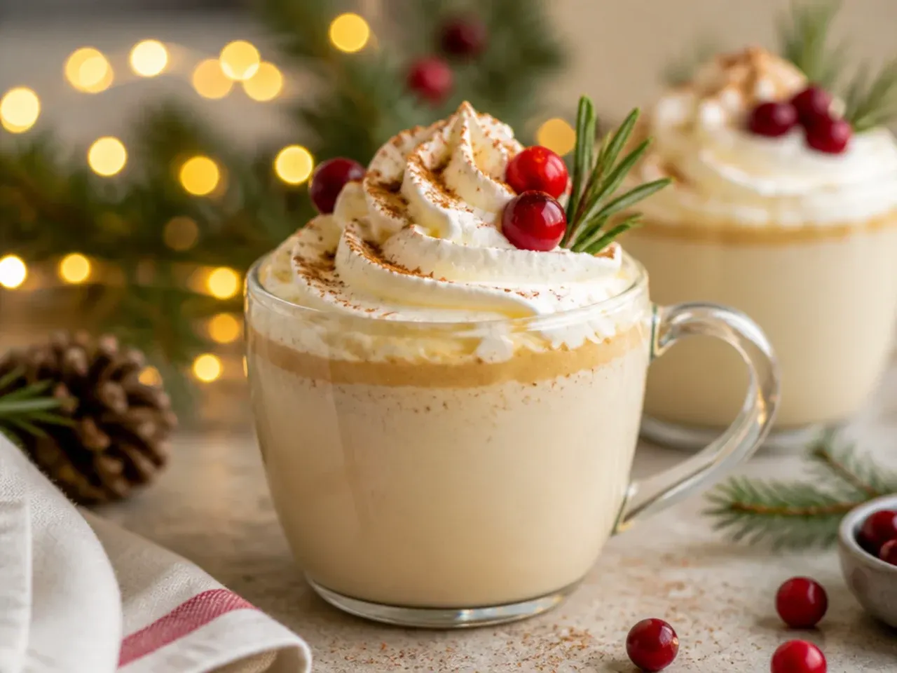Copycat eggnog latte in a paper cup with whipped cream and nutmeg on top, styled like a coffee shop drink