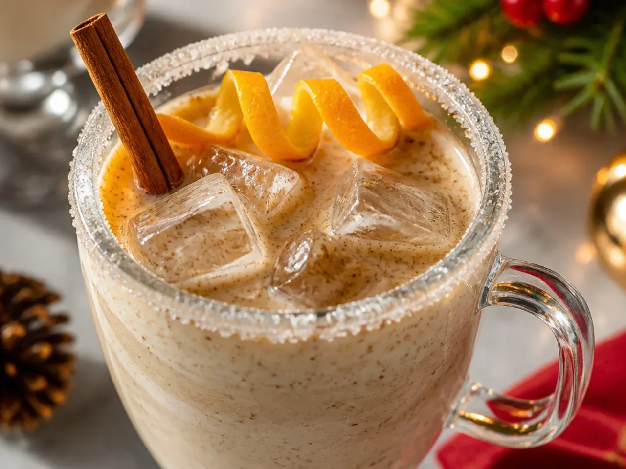 Small glasses of creamy coquito coconut eggnog dusted with cinnamon on a festive tray