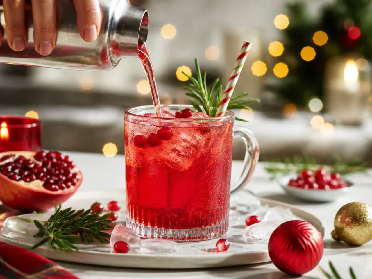 Sparkling pomegranate mocktail in a champagne flute garnished with pomegranate seeds and a rosemary sprig