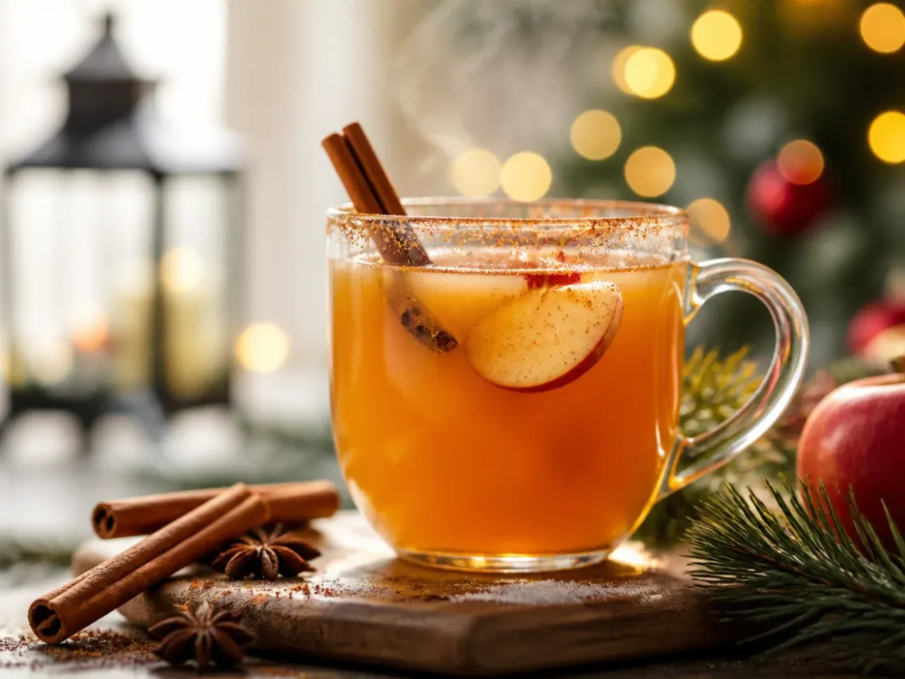 Mugs of cozy spiced apple cider with cinnamon sticks and orange slices on a wooden tray