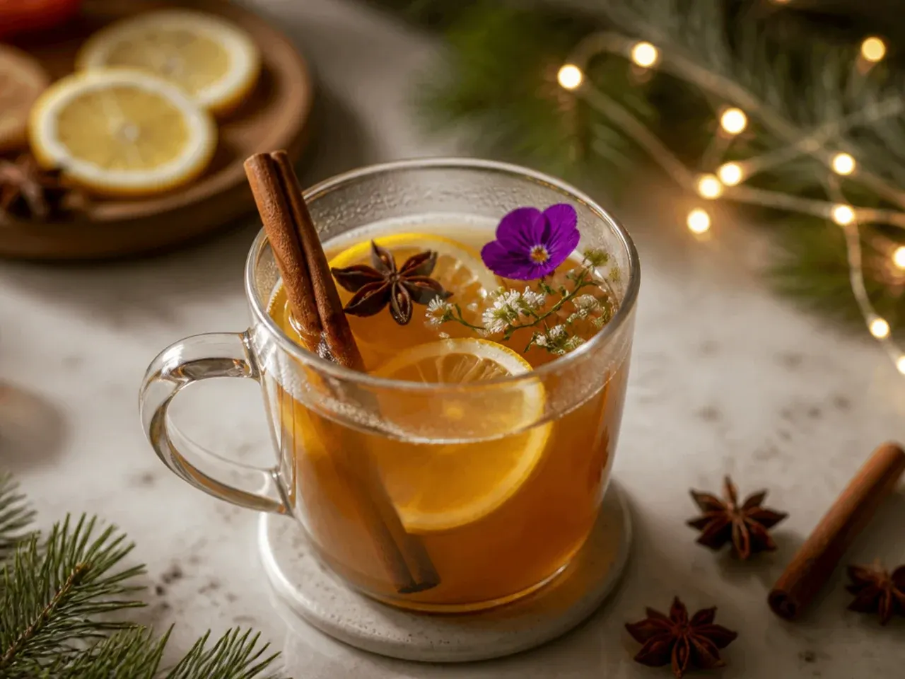 Hot toddy in a glass mug garnished with a lemon wheel, clove, and cinnamon stick