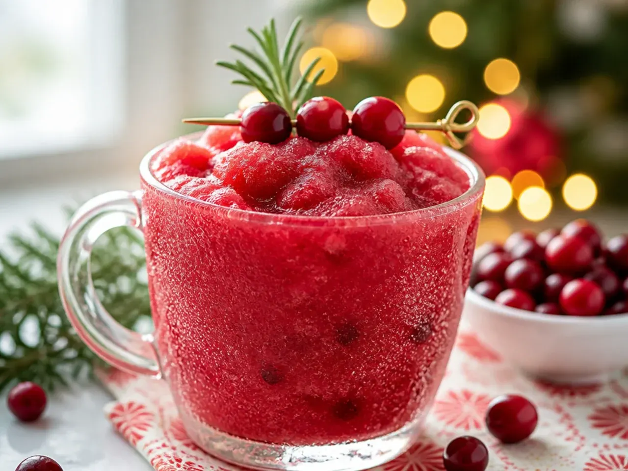 Frozen cranberry slushie in a sugar-rimmed glass with frozen cranberries floating on top