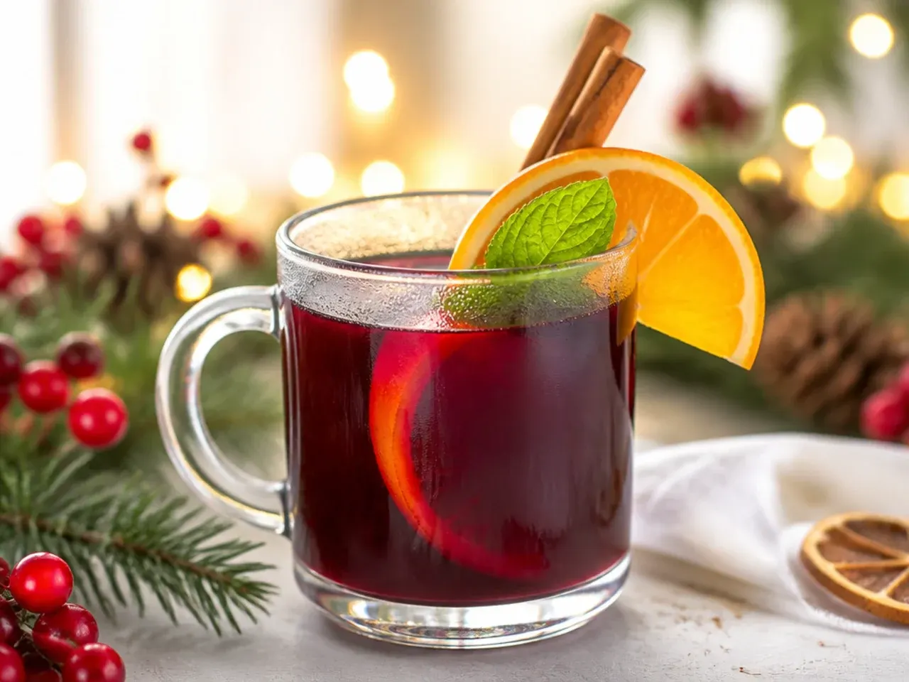 Slow cooker filled with mulled wine, orange slices, and cinnamon sticks, ladle resting on the side