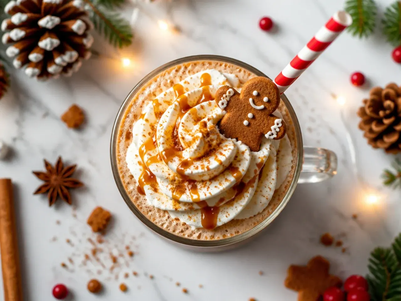 Blended gingerbread frappe in a tall glass topped with whipped cream and a dusting of ground ginger
