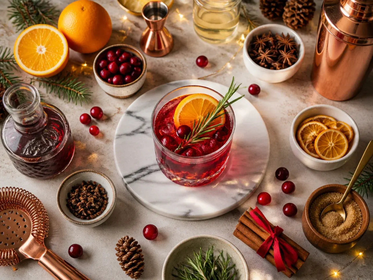 Close-up of hands garnishing a festive Christmas drink with cinnamon sticks and orange peel on a countertop
