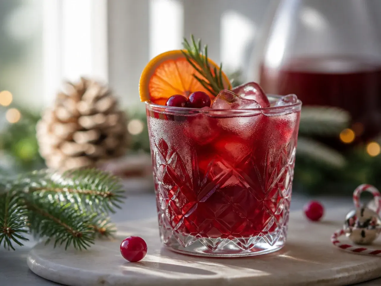 Garnish station with candy canes, cinnamon sticks, orange slices, and rosemary sprigs for festive drinks