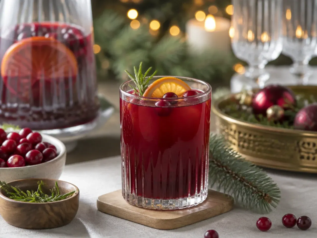 Mason jars of make-ahead eggnog and mulled wine syrup lined up in the refrigerator door