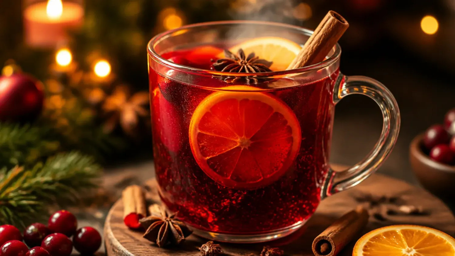 A festive table spread with mugs of mulled wine, hot chocolate, and eggnog garnished with cinnamon sticks, orange slices, and candy canes